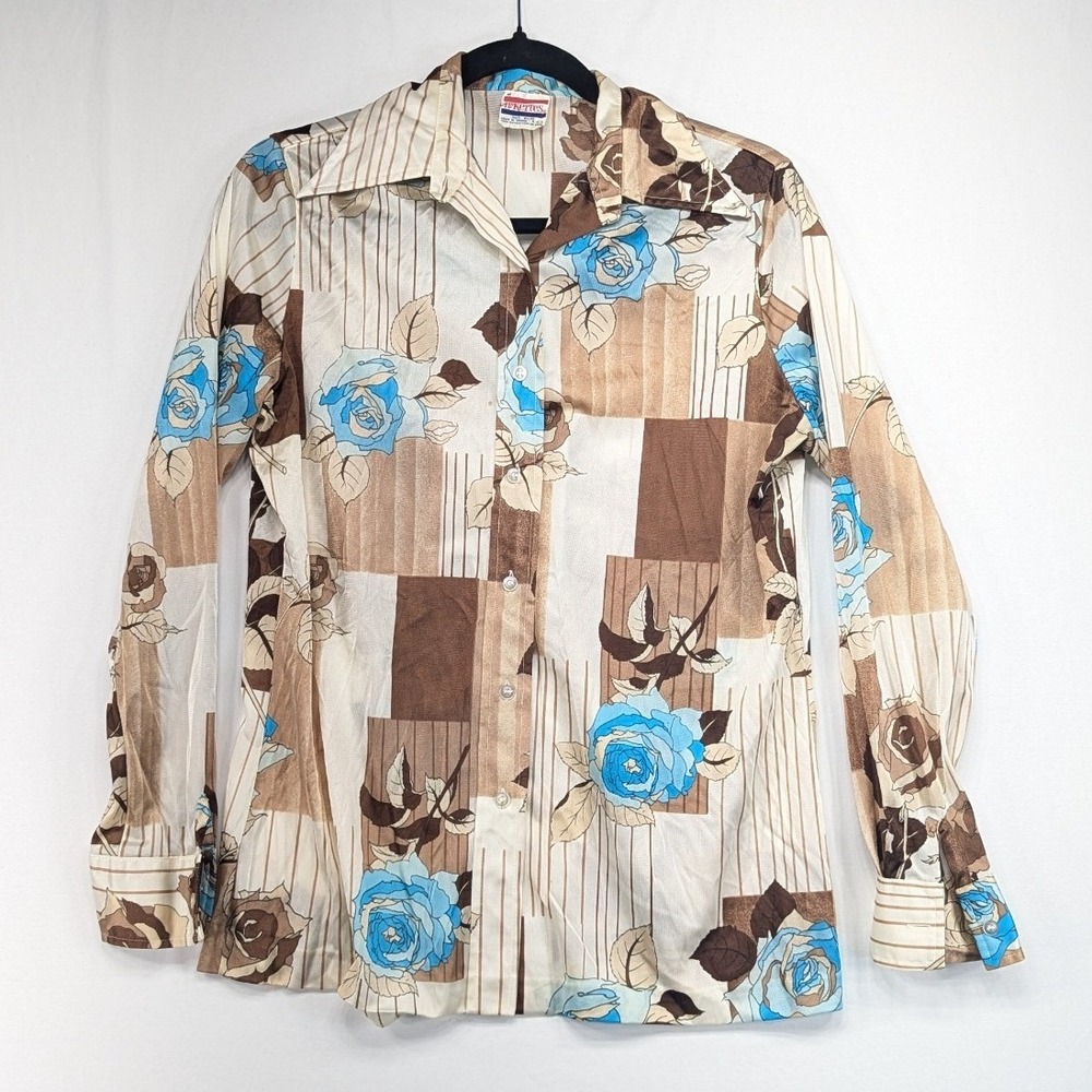Vintage Pykettes 70s Floral Geometric Nylon Button Up Blouse‎ Blue Brown Size 16